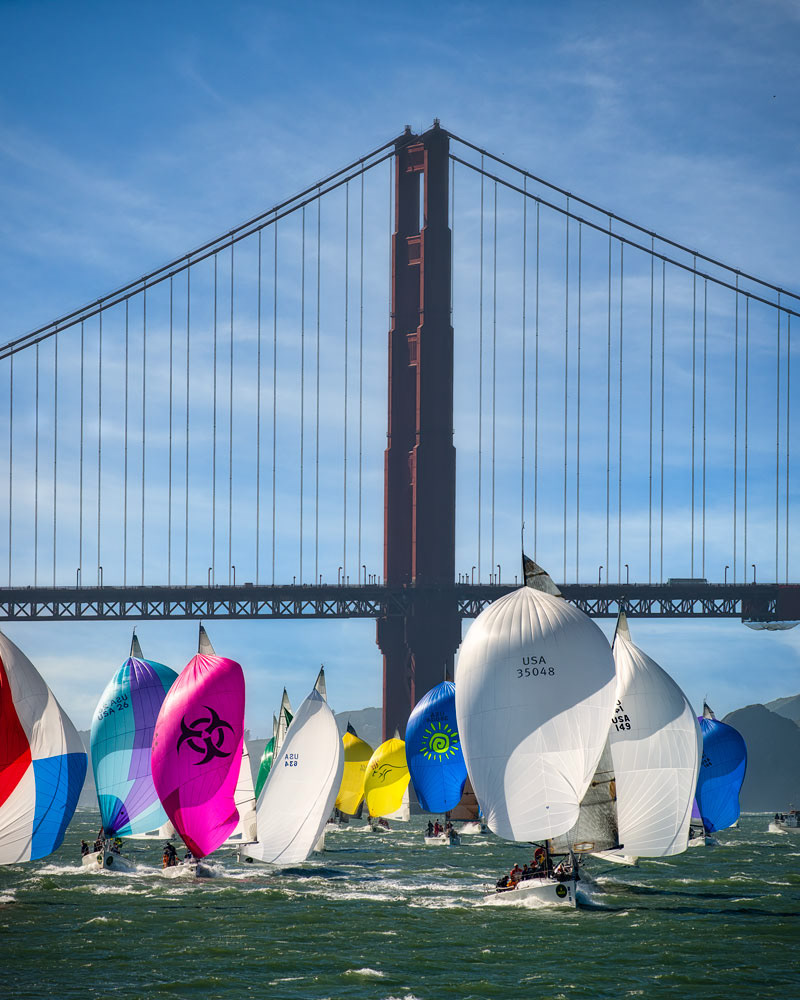 #4624 Yacht Racing, with Colorful Spinnakers up, on San Francisco Bay with the Golden Gate Bridge in the Background