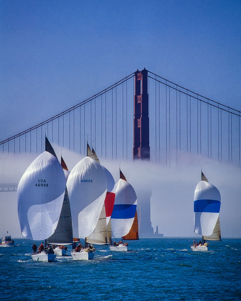 #4602 Yacht Racing, with Spinnakers up, on San Francisco Bay, with the Golden Gate Bridge in Background
