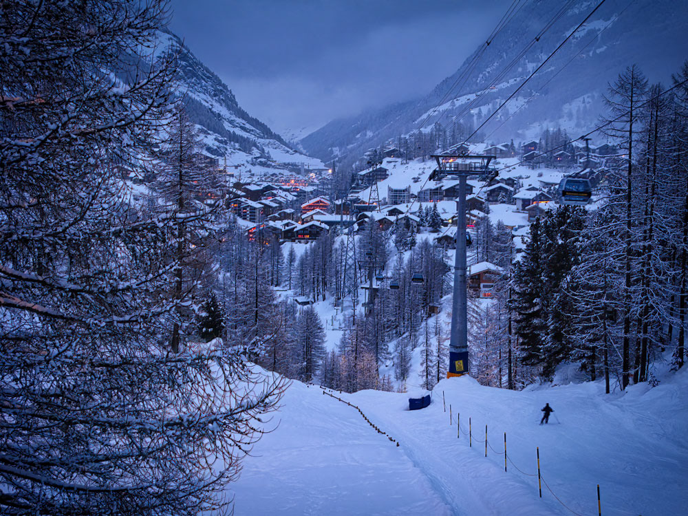 #4016 The Village of Zermatt and Ski Lift at Dusk