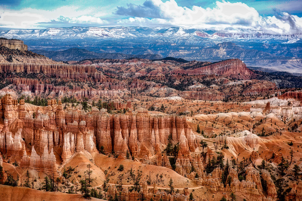 #1435 Another View of the Bryce Amphitheater from Sunrise Point at Bryce National Park, with Snow-capped Mountains in the Distance