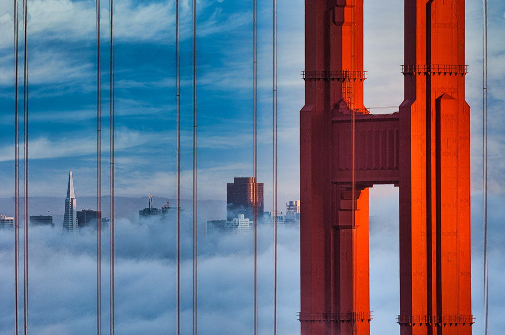 #1270 The Golden Gate Bridge with Fog Partially Hiding San Francisco Fog in the Distance