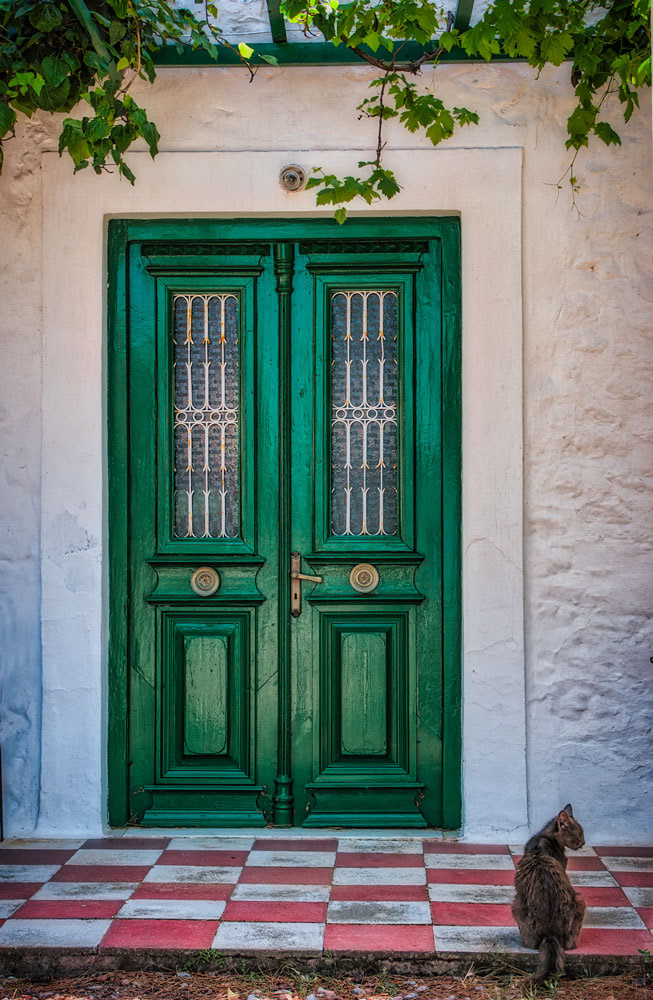 #2973 Cat, Green Door and Checkerboard Walkway on the Island of Hydra