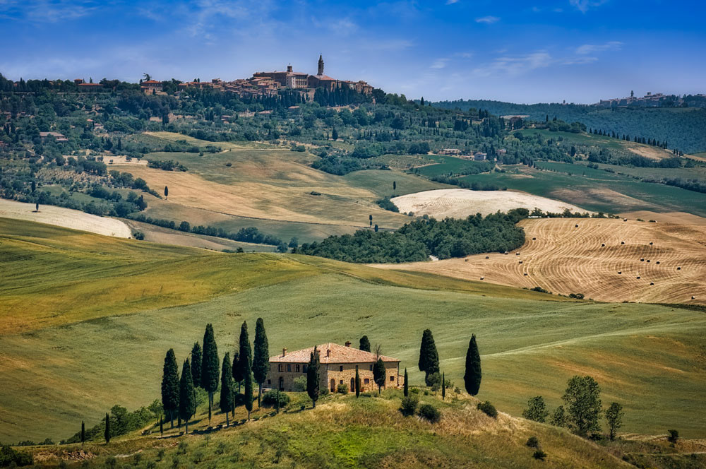 #2306 Farmhouse in San Querico d'Orcia and Hilltop Town in distance in the Tuscany Region