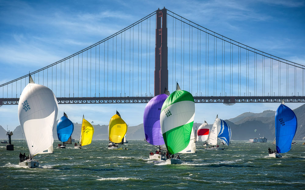 #4625 Yacht Racing, with Colorful Spinnakers up, on San Francisco Bay with the Golden Gate Bridge in the Background