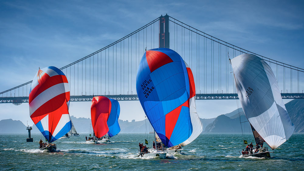 #4638 Yacht Racing, with Colorful Spinnakers up, on San Francisco Bay with the Golden Gate Bridge in the Background