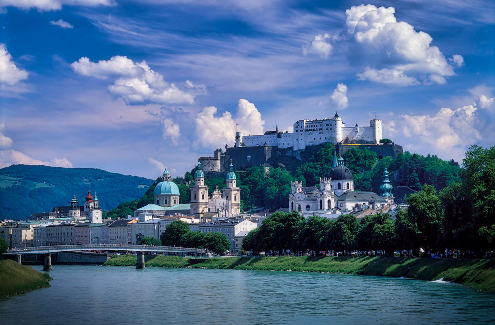 #2741 View of the Old Town of Salzburg, the River Salzach, and the Hohensalzburg Fortress (built in 1077) on the Hill