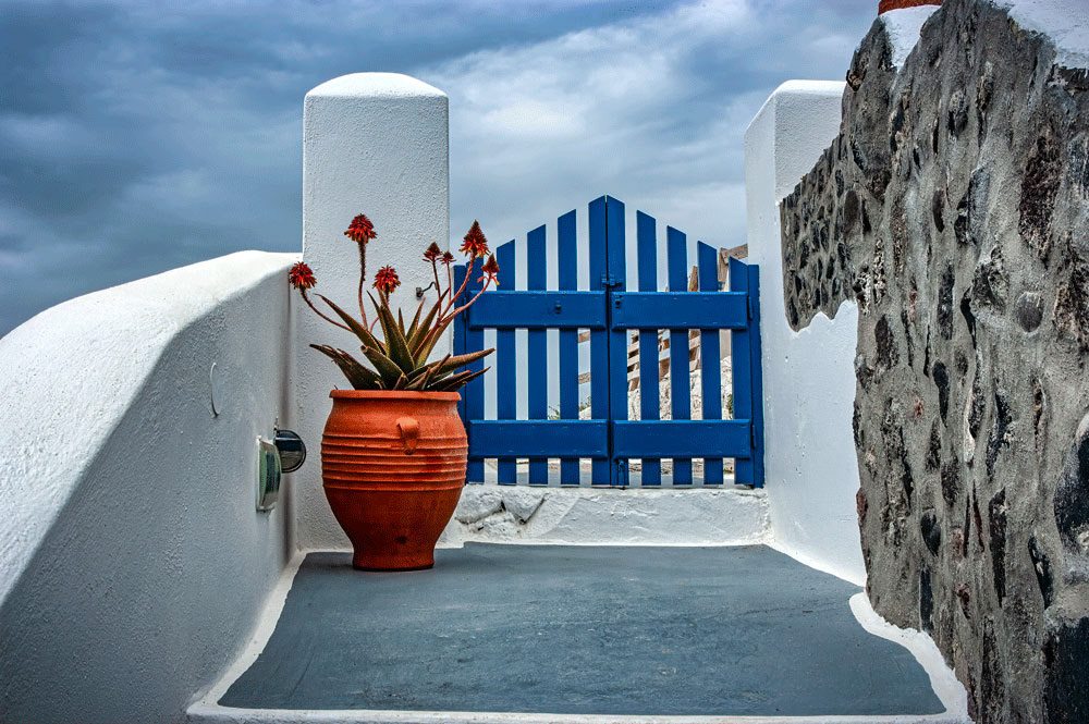 #2926 Vase, Plant, and Blue Gate on the Island of Santorini