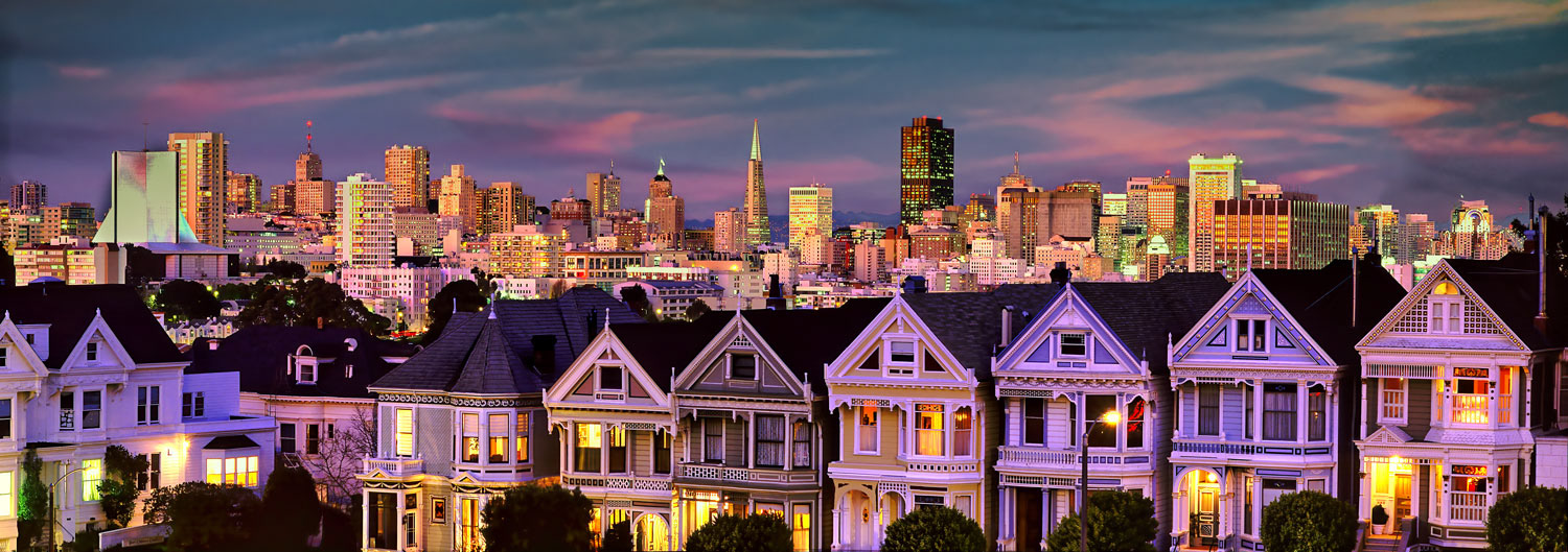 #1275 The "Painted Ladies", a Famous Row of Victorian Houses, with the San Francisco Skyline, at Twilight
