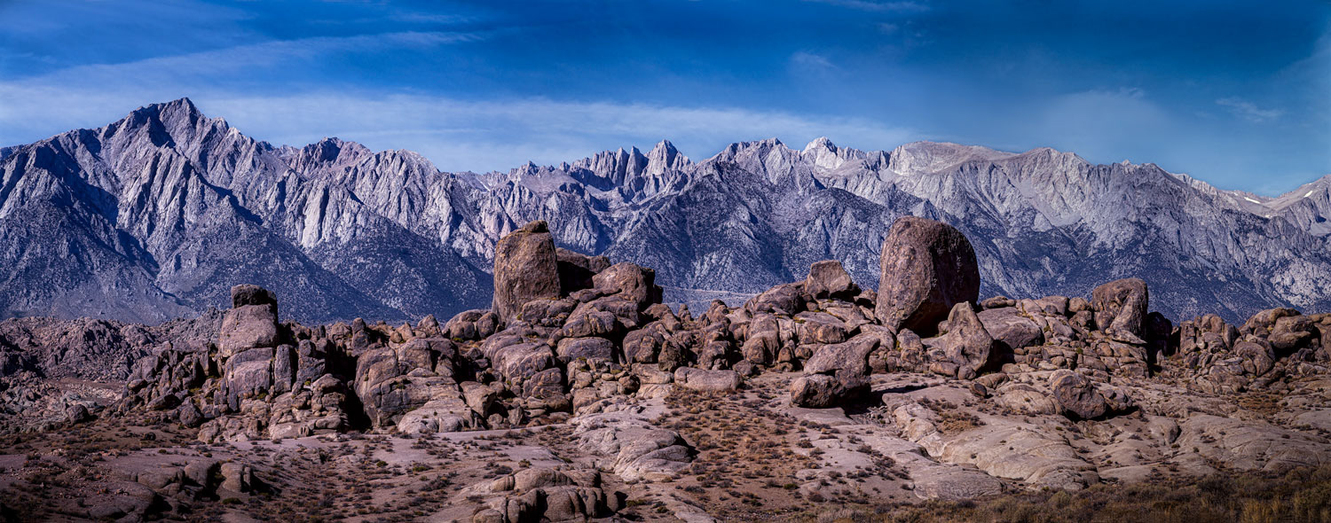 #1206 Panoramic View of the Sierra Nevada Mountain Range (Mt. Whitney in center) from the Alabama Hills National Scenic Area