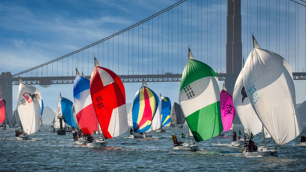 #4639 Yacht Racing, with Colorful Spinnakers up, on San Francisco Bay with the Golden Gate Bridge in the Background