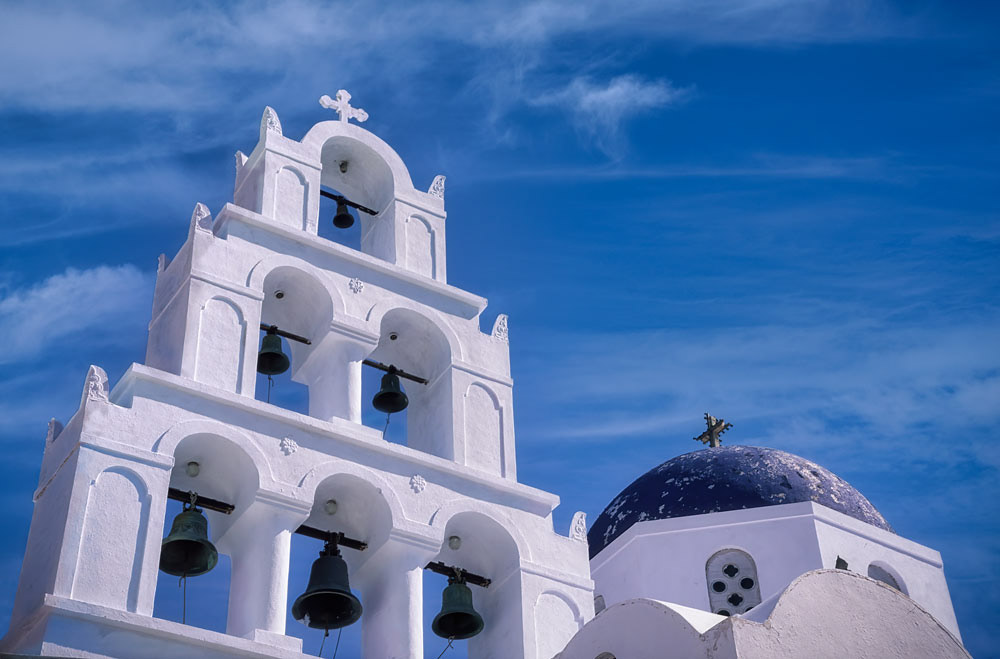 #2918 Blue Domed Church and Church Bells on the Island of Santorini