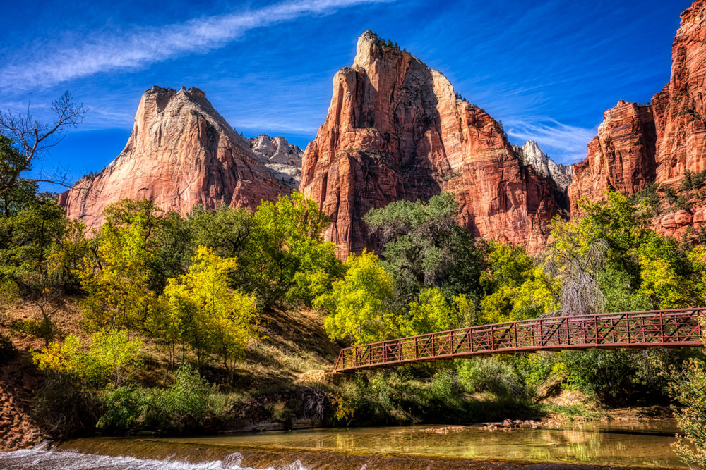 #1506 Rugged Mountains, a Stream and Footbridge in Zion National Park