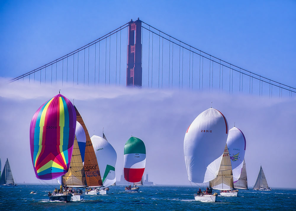 #4607 Yacht Racing, with Spinnakers up, on San Francisco Bay with the Golden Gate Bridge in Background
