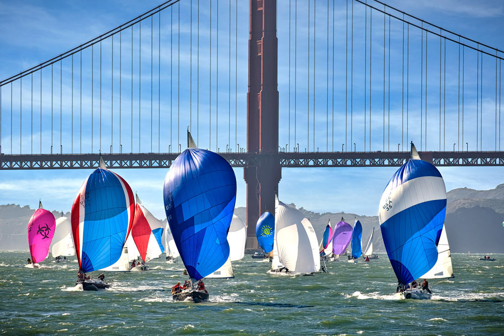 #4623 Yacht Racing, with Colorful Spinnakers up, on San Francisco Bay with the Golden Gate Bridge in the Background
