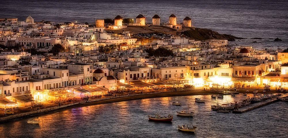 #2950 Harbor at Night on the Island of Mykonos with Windmills on a Hill