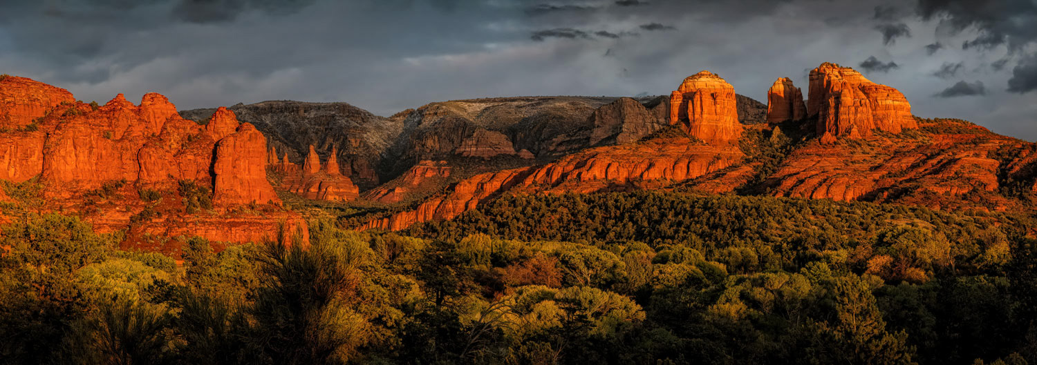 #1658 Cathedral Rock (at right), and other Mountains in the Late Afternoon Sun at Sedona, Arizona