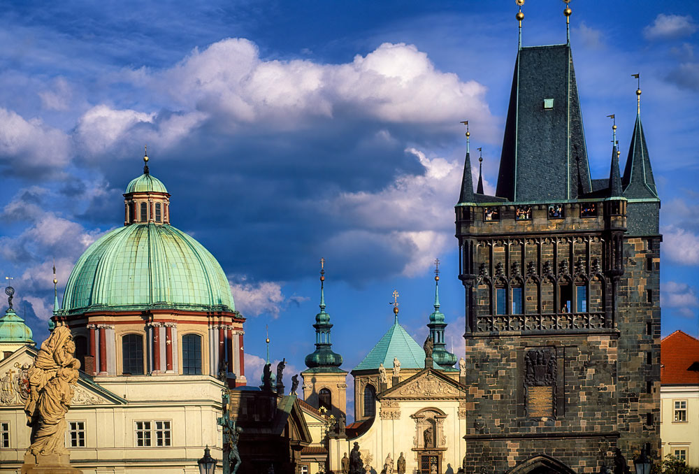 #3014 Prague Old Town Bridge Tower (on right) and the St. Francis of Assissi Church (on the left) in Old Town Prague
