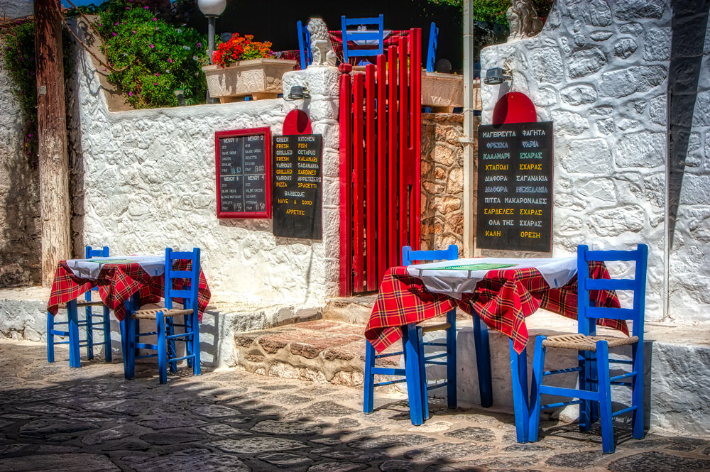 #2976 Colorful Chairs, Table and Gate at Restaurant on the Island of Hydra