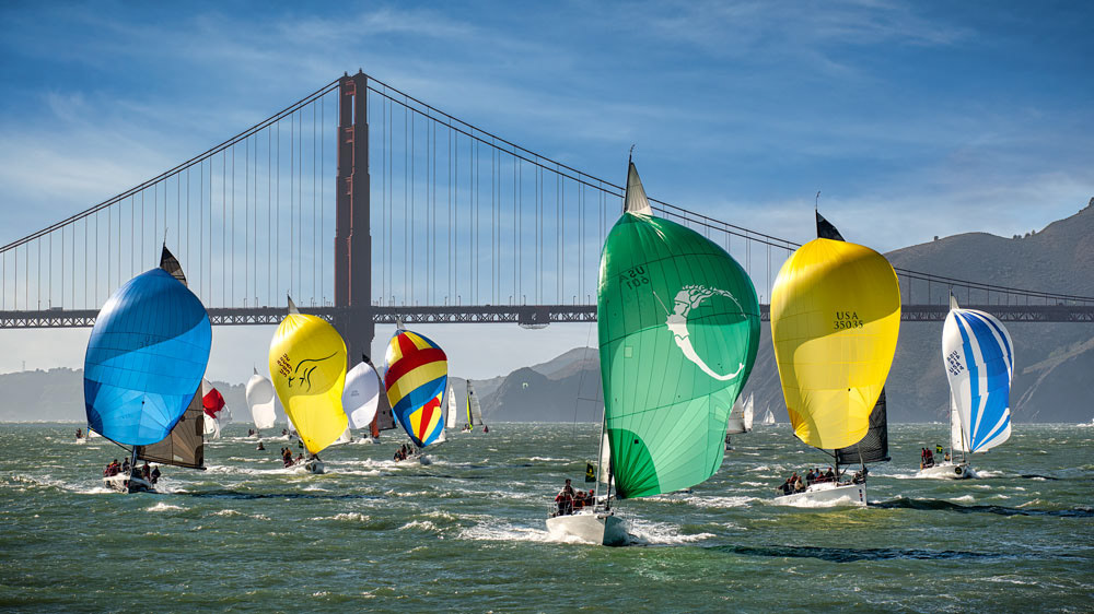 #4626 Yacht Racing, with Colorful Spinnakers up, on San Francisco Bay with the Golden Gate Bridge in the Background