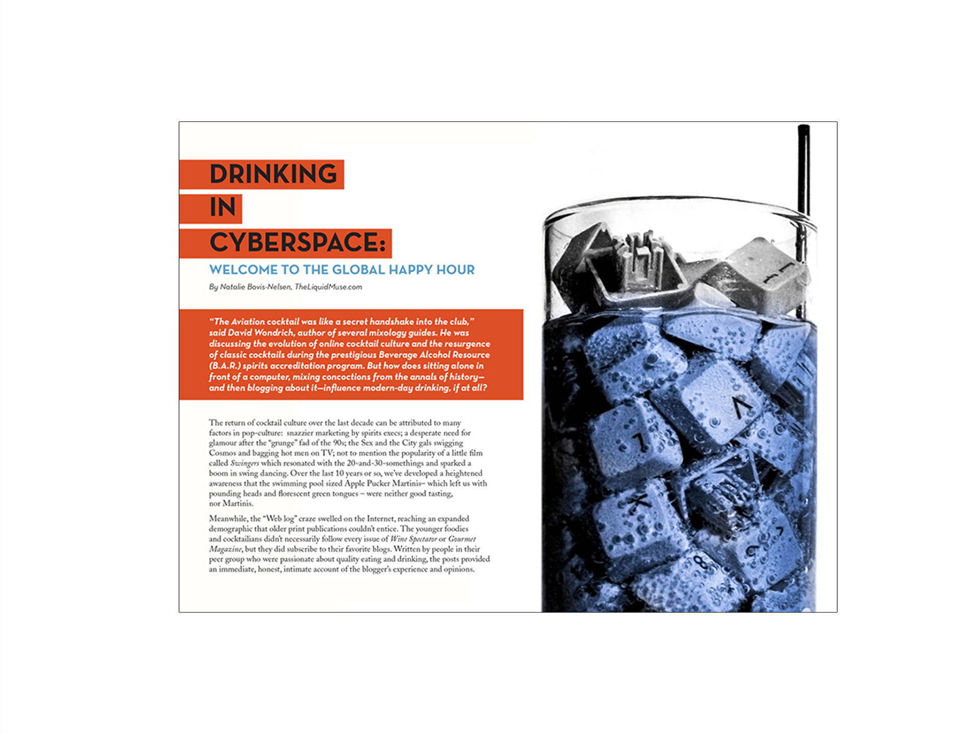 Drink Me Magazine: Concept Photo (Computer Keys as Ice Cubes) for Story, Drinking in Cyberspace