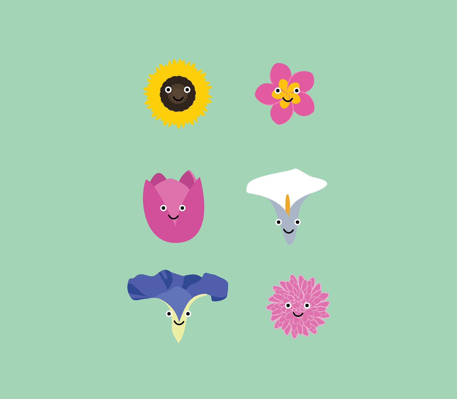Flower Characters: Sunflower, Plumeria, Tulip, Lily, Trumpet, Chrysanthemum