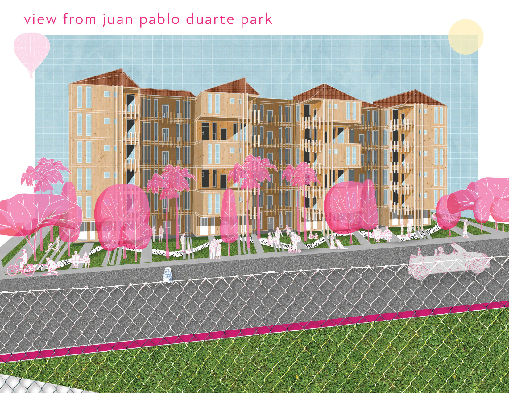 The next series of drawings offer a glimpse into five magical moments residents would experience daily. Starting from an interior small scale ranging to larger exterior views, one can visualize how human life will bring vibrance and energy to the materiality of the building both inside and out. This portion finishes up with a site axon showing how the proposed upper-middle scale of this intervention relates to that of its surrounding buildings.