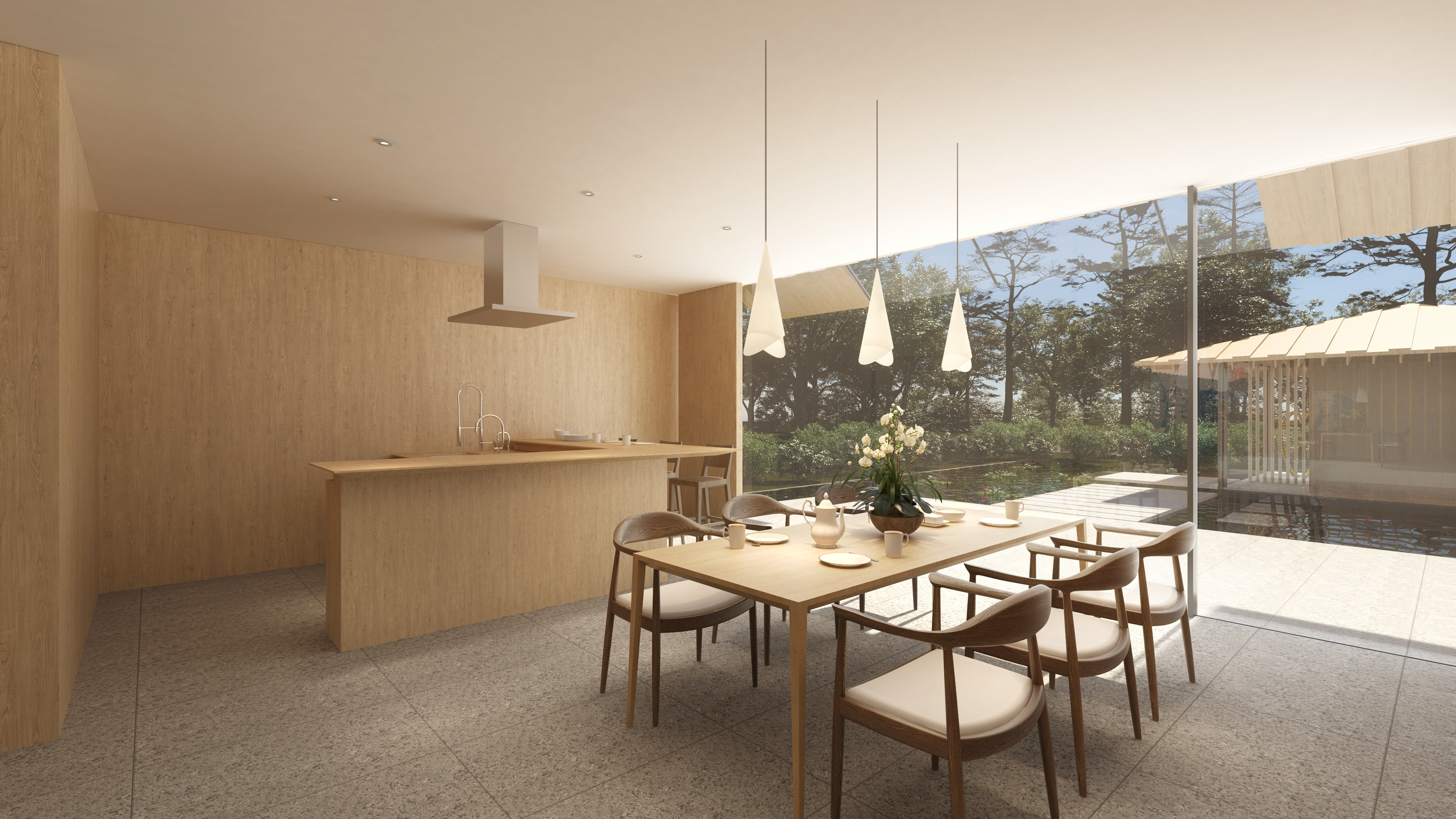 A dining room with open kitchen faces a pond and a small tea house