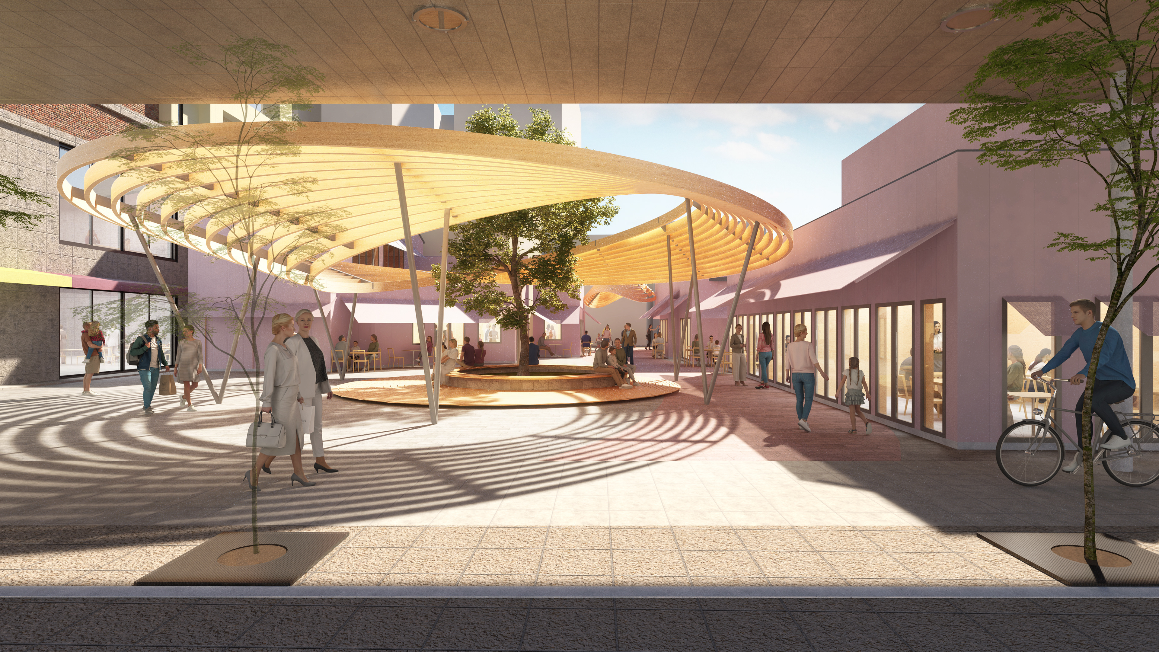 A pavilion built on a plaza, providing rest space for pedestrians