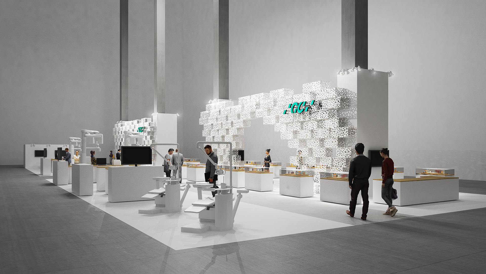 An exhibition installation assembled with fabricated white boxes