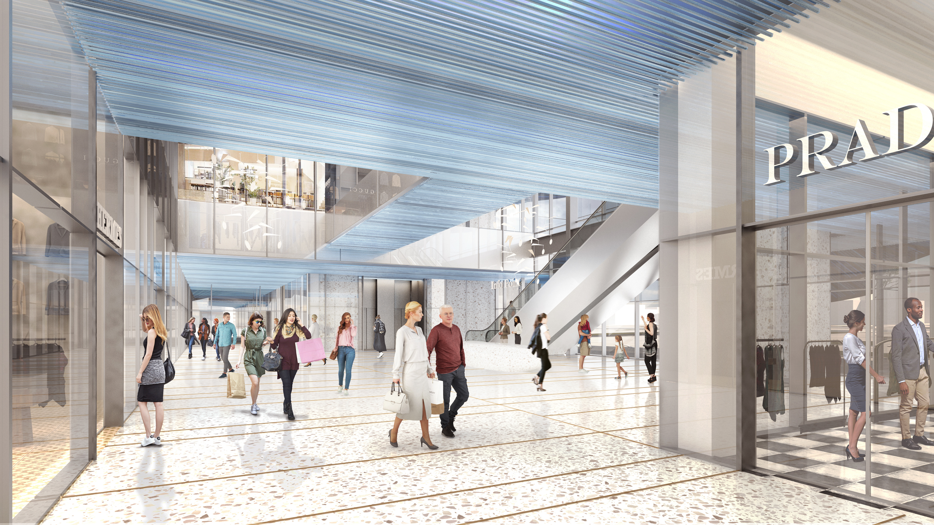 A shopping mall interior with pipes-decorated ceiling
