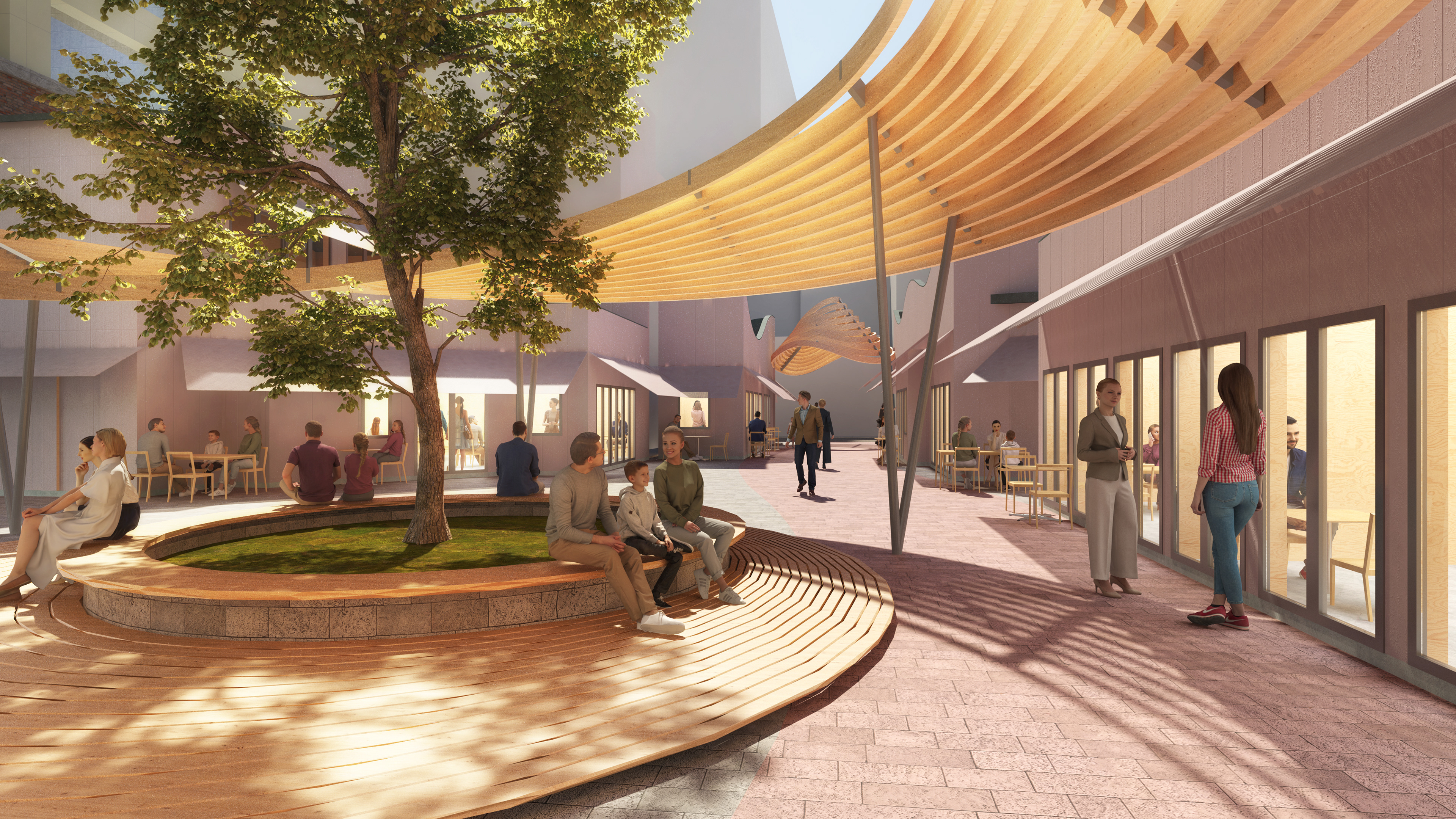 A pavilion built on a plaza, providing rest space for pedestrians