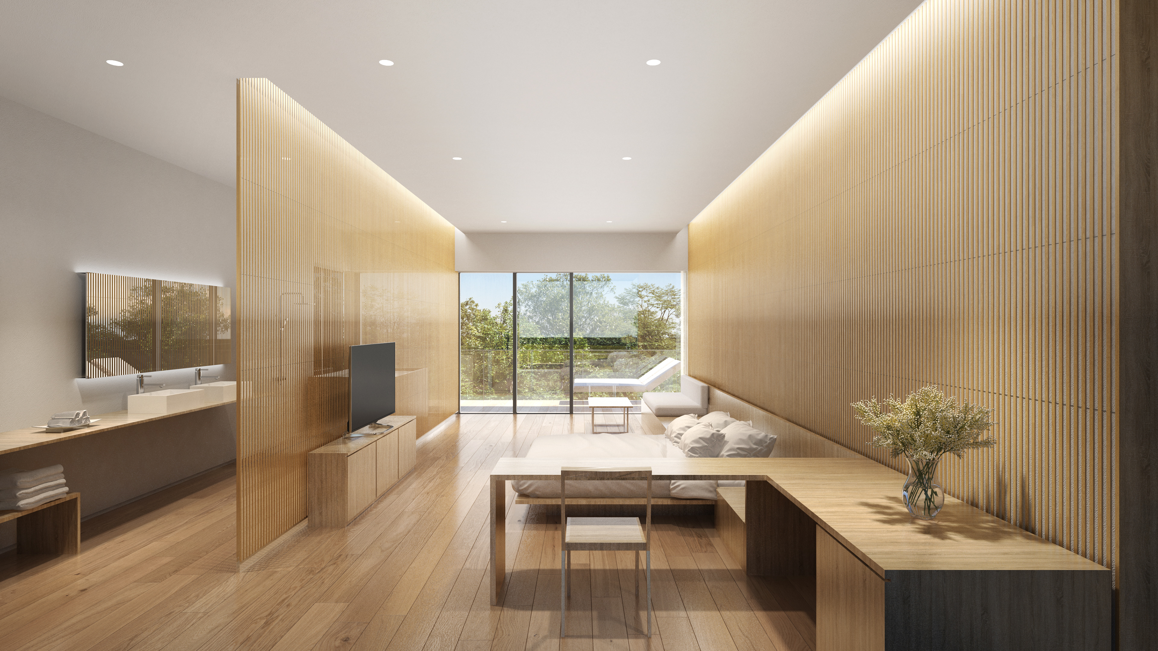 A spacious hotel suite with greenary view