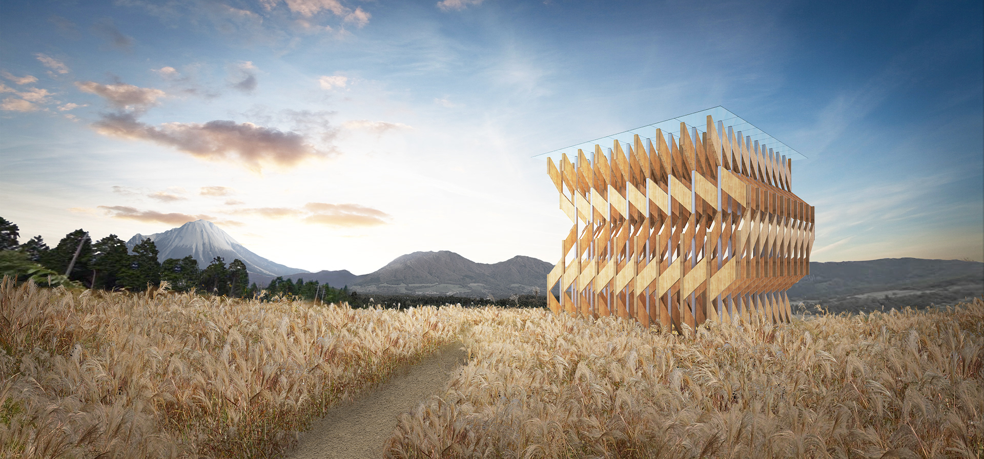 A pavilion made with wood palates, facing the mountain