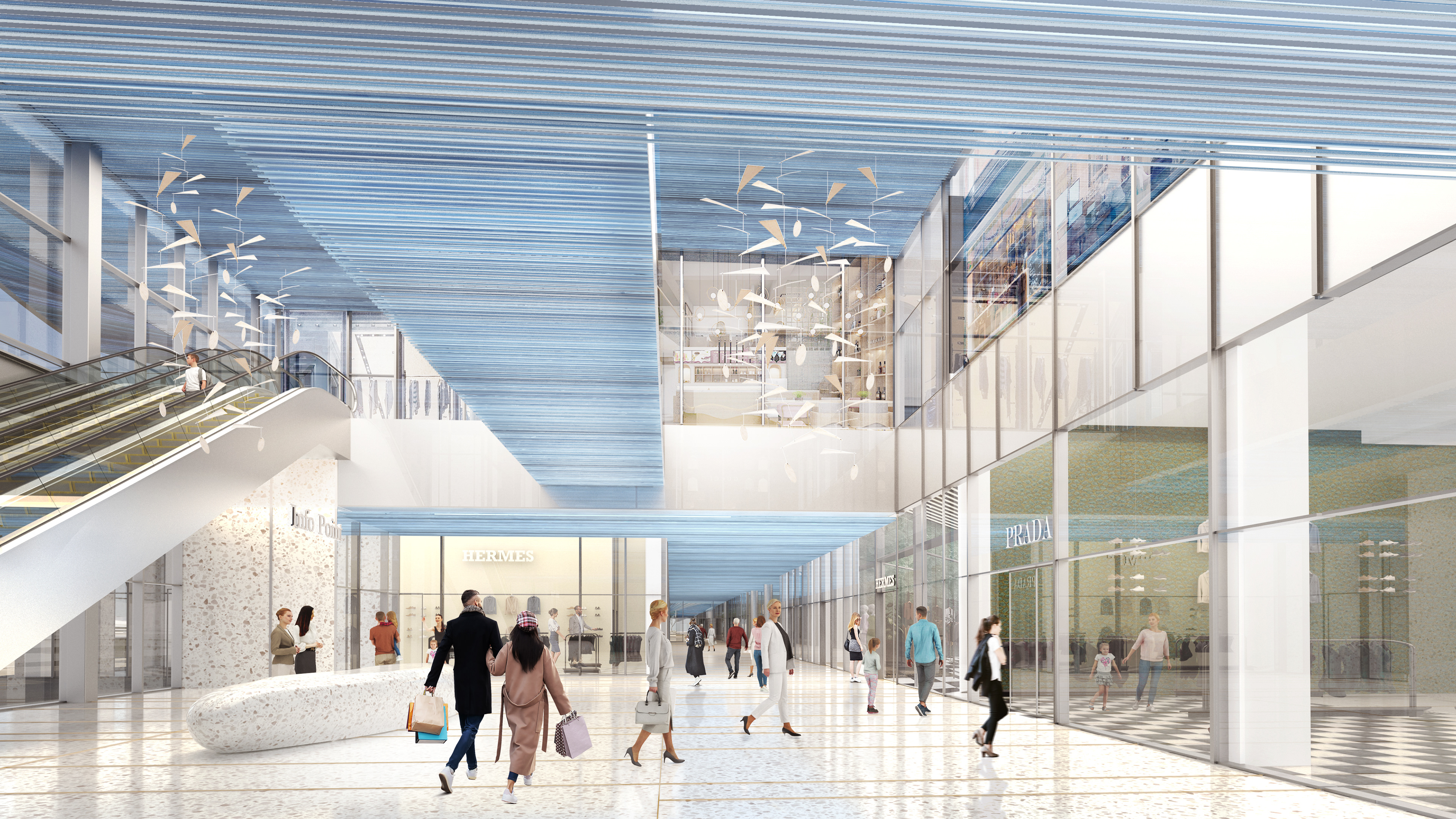 A shopping mall interior with pipes-decorated ceiling