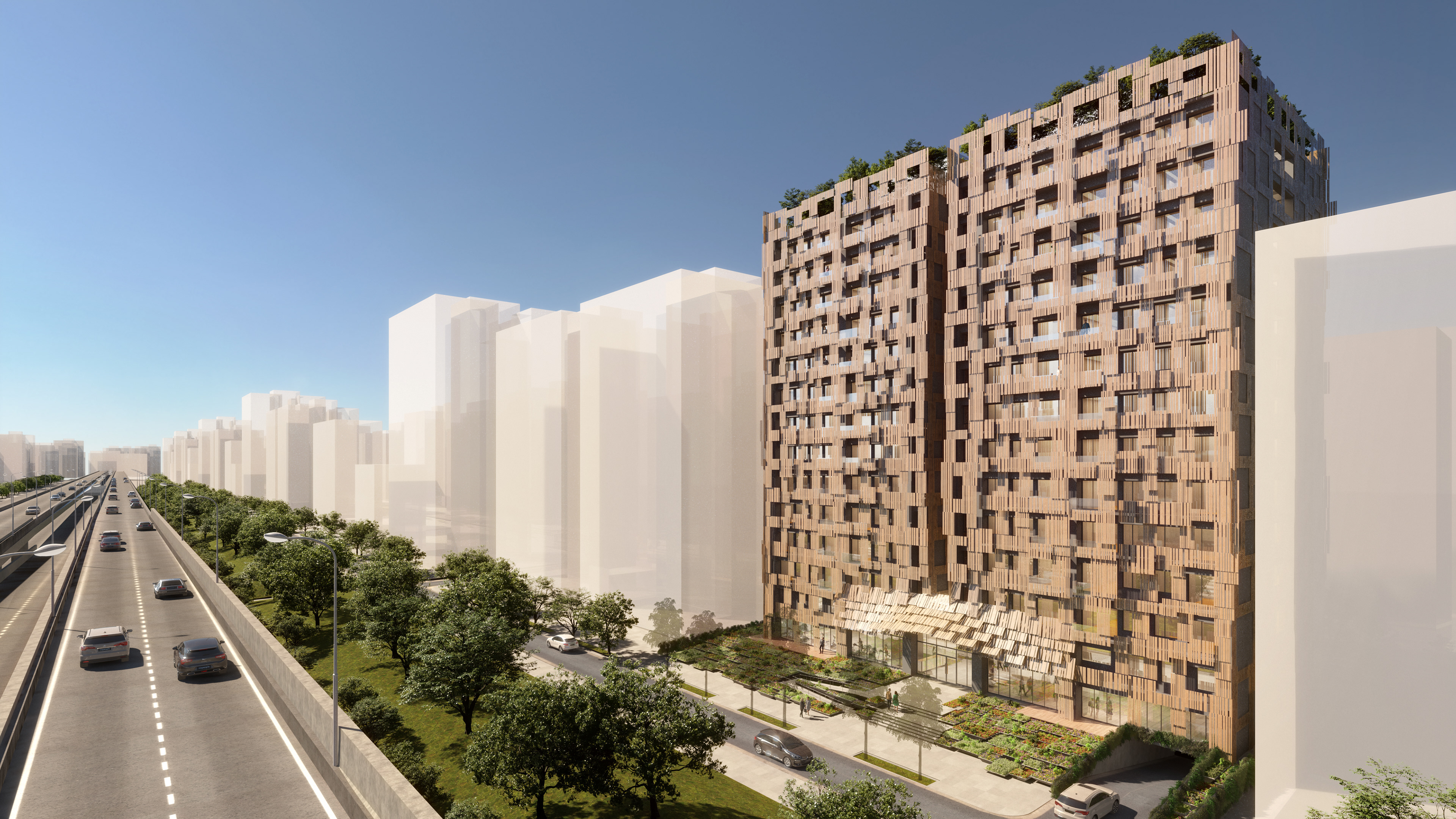 An apartment building with a unique facade