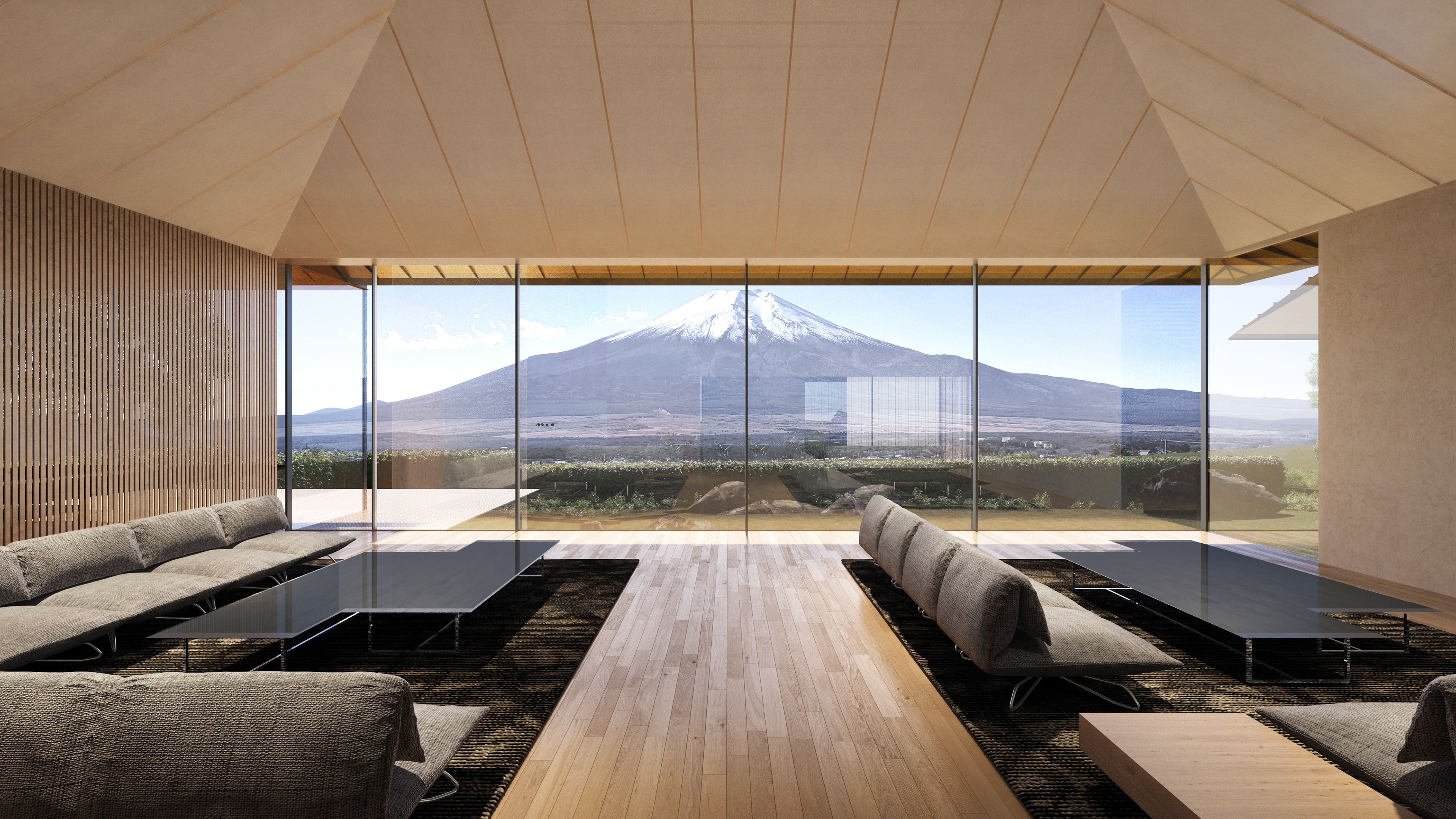 A spacious living room with a mountain view