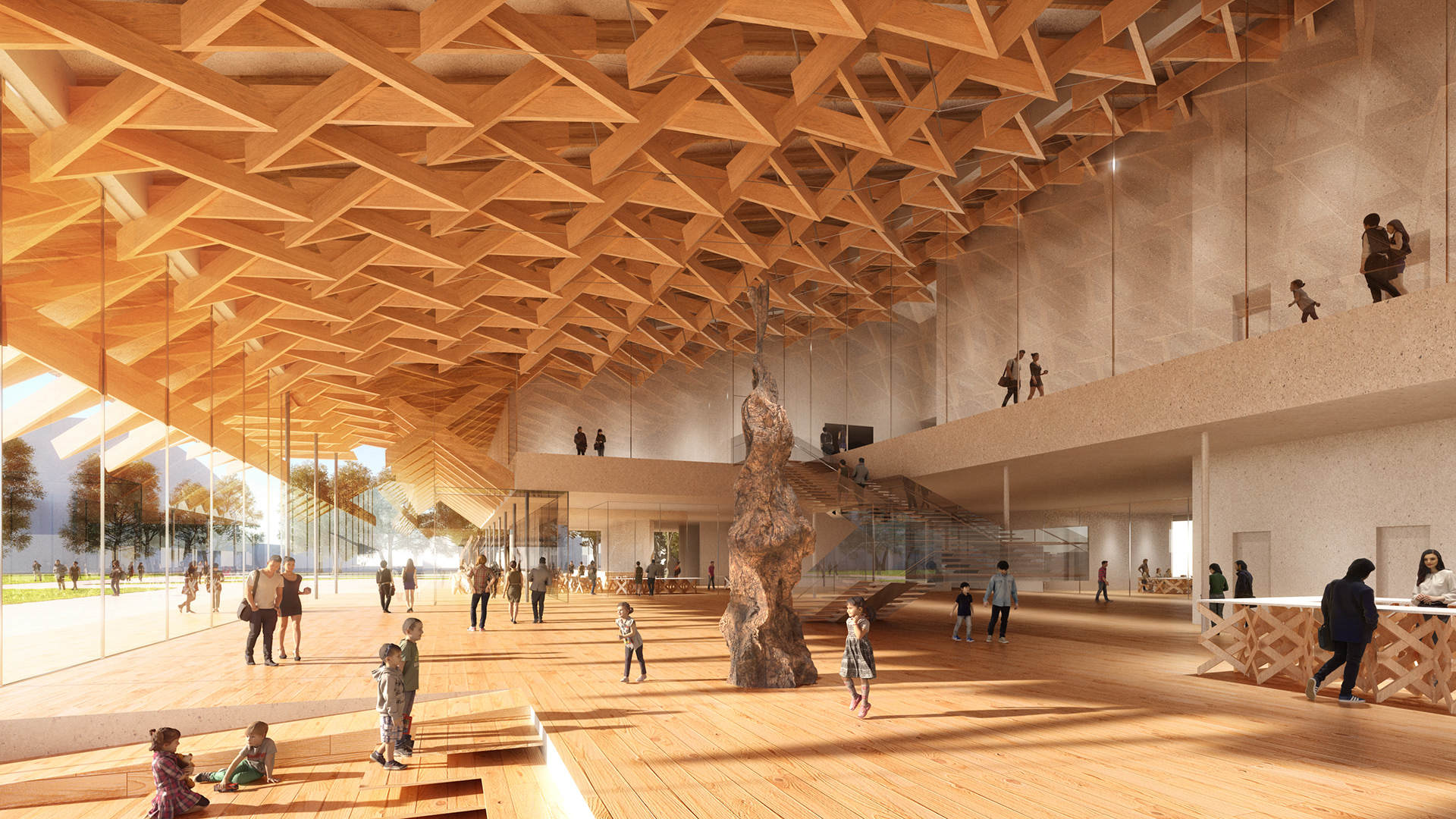 A warm and welcoming lobby with exhibition and kids space