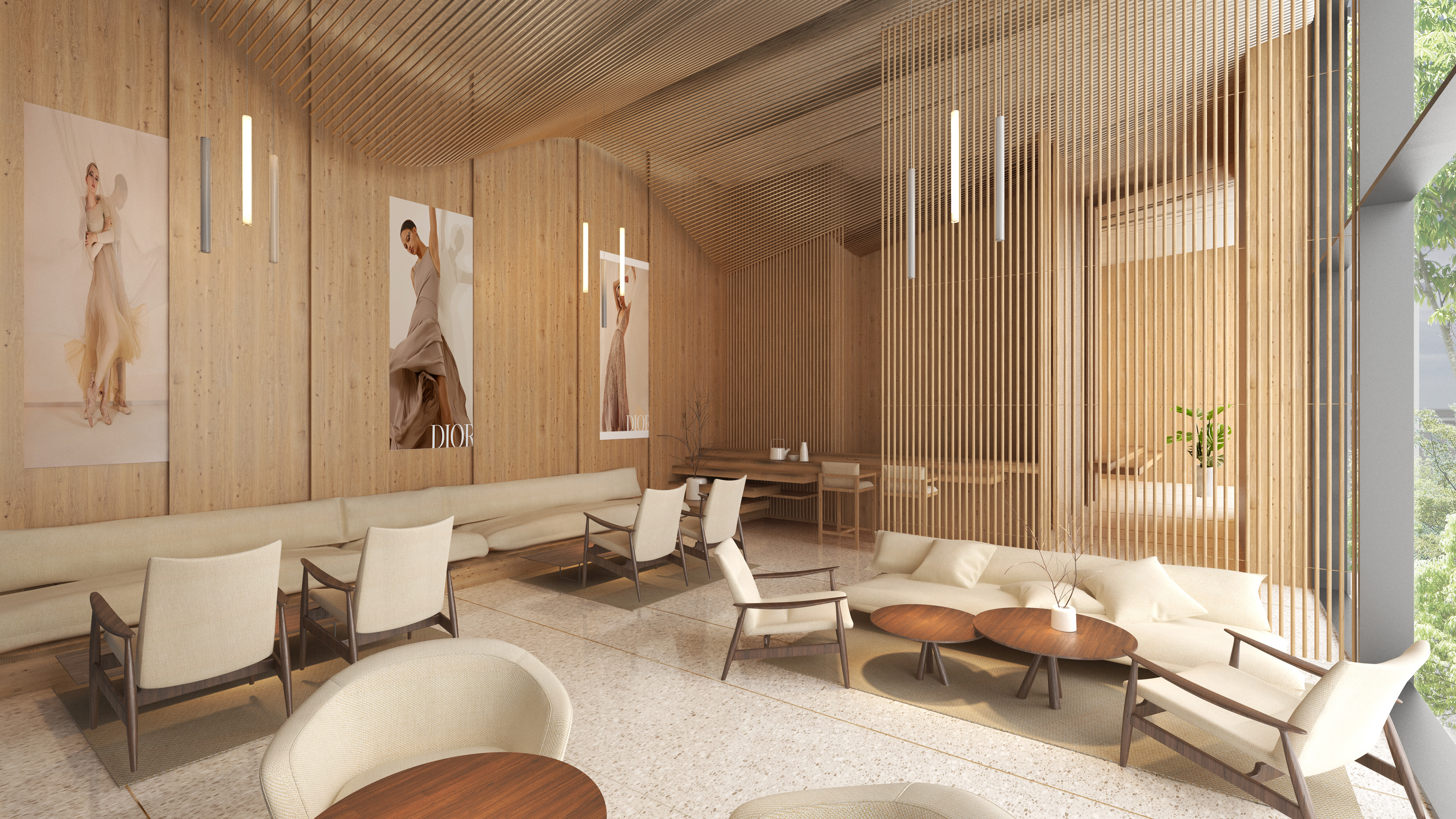 A cafe decorated with a curvy ceiling