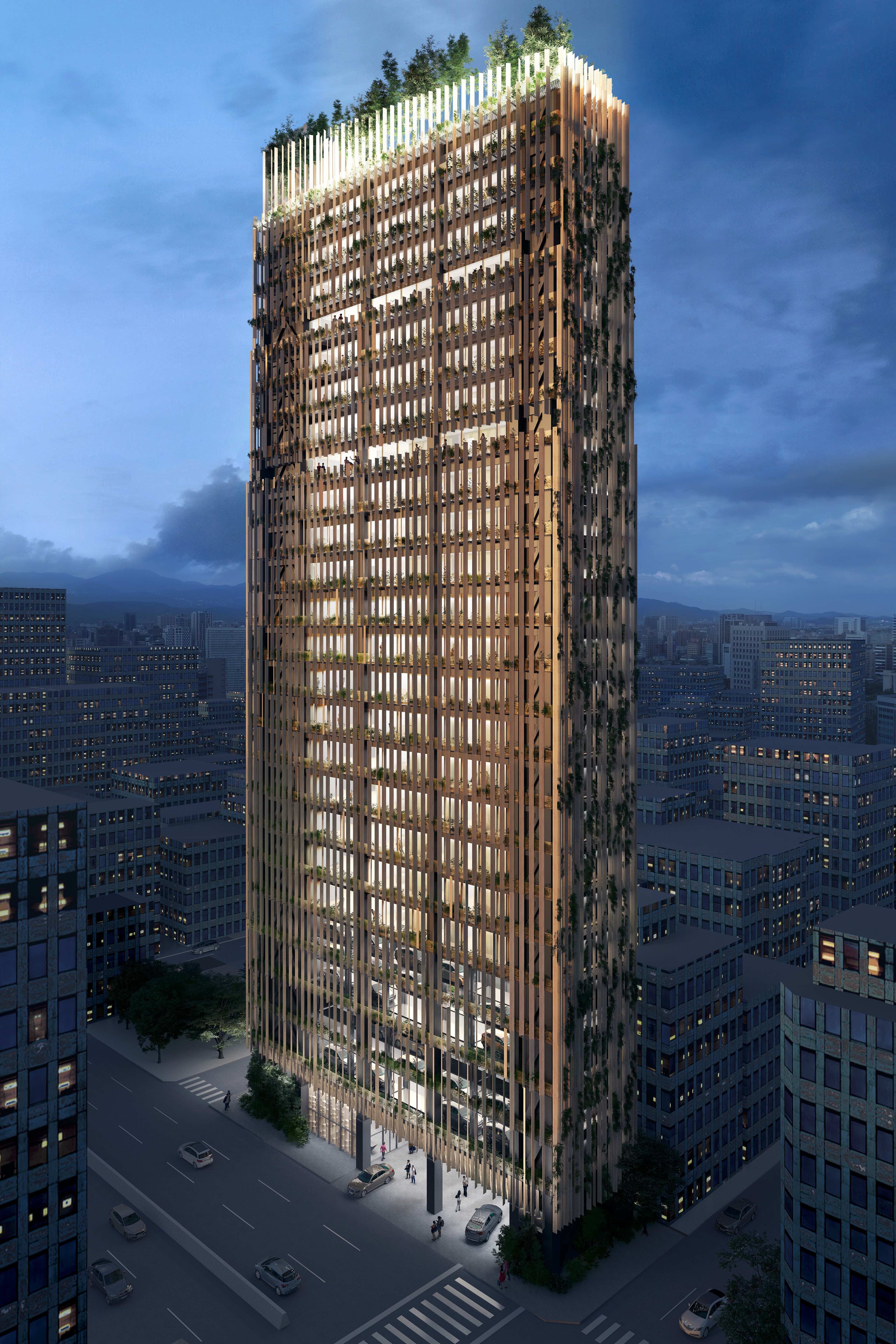 A tower lights up at night