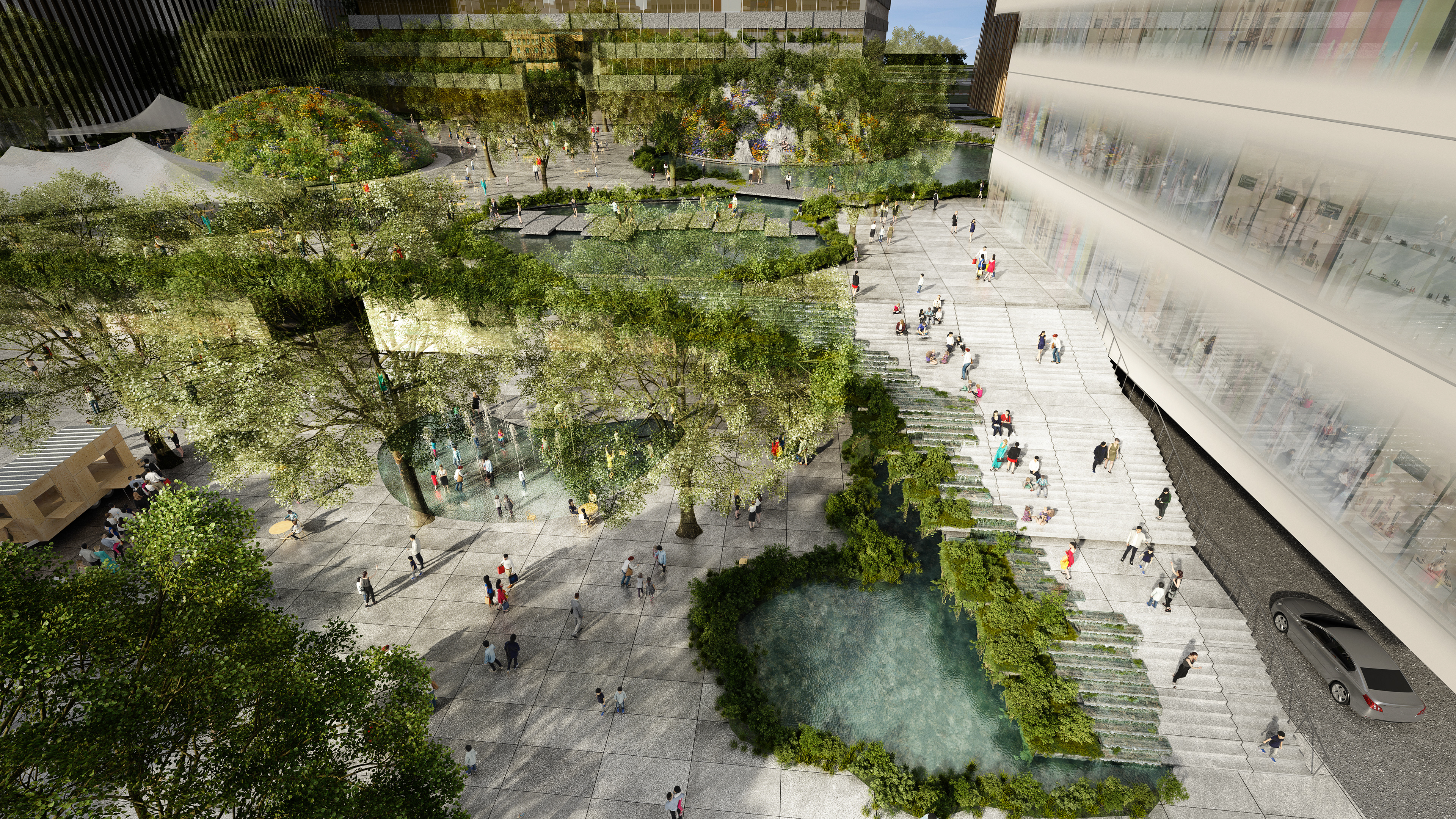 A green public plaza in city centre