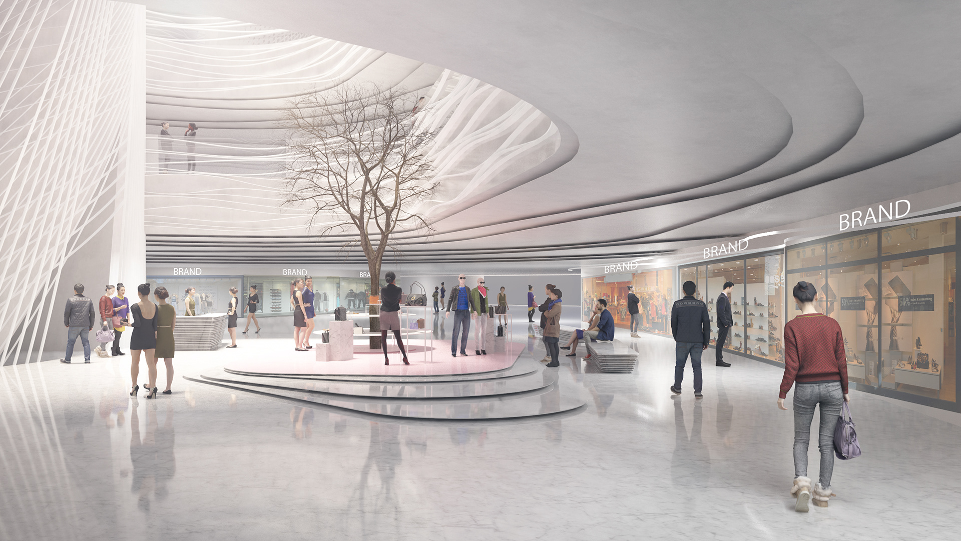 A shopping mall with a void with lights filling the space