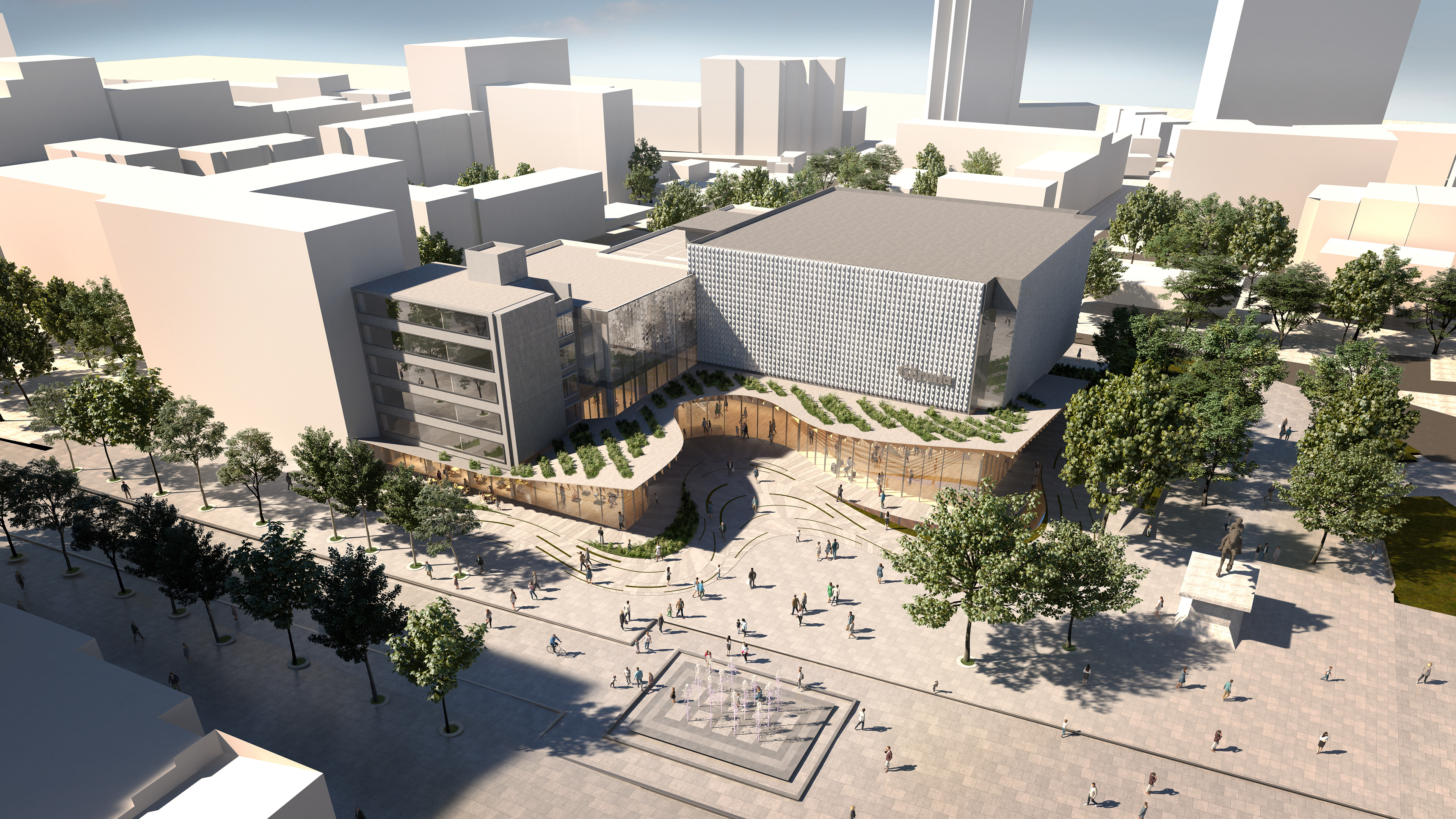 A city Hall with a public plaza in front