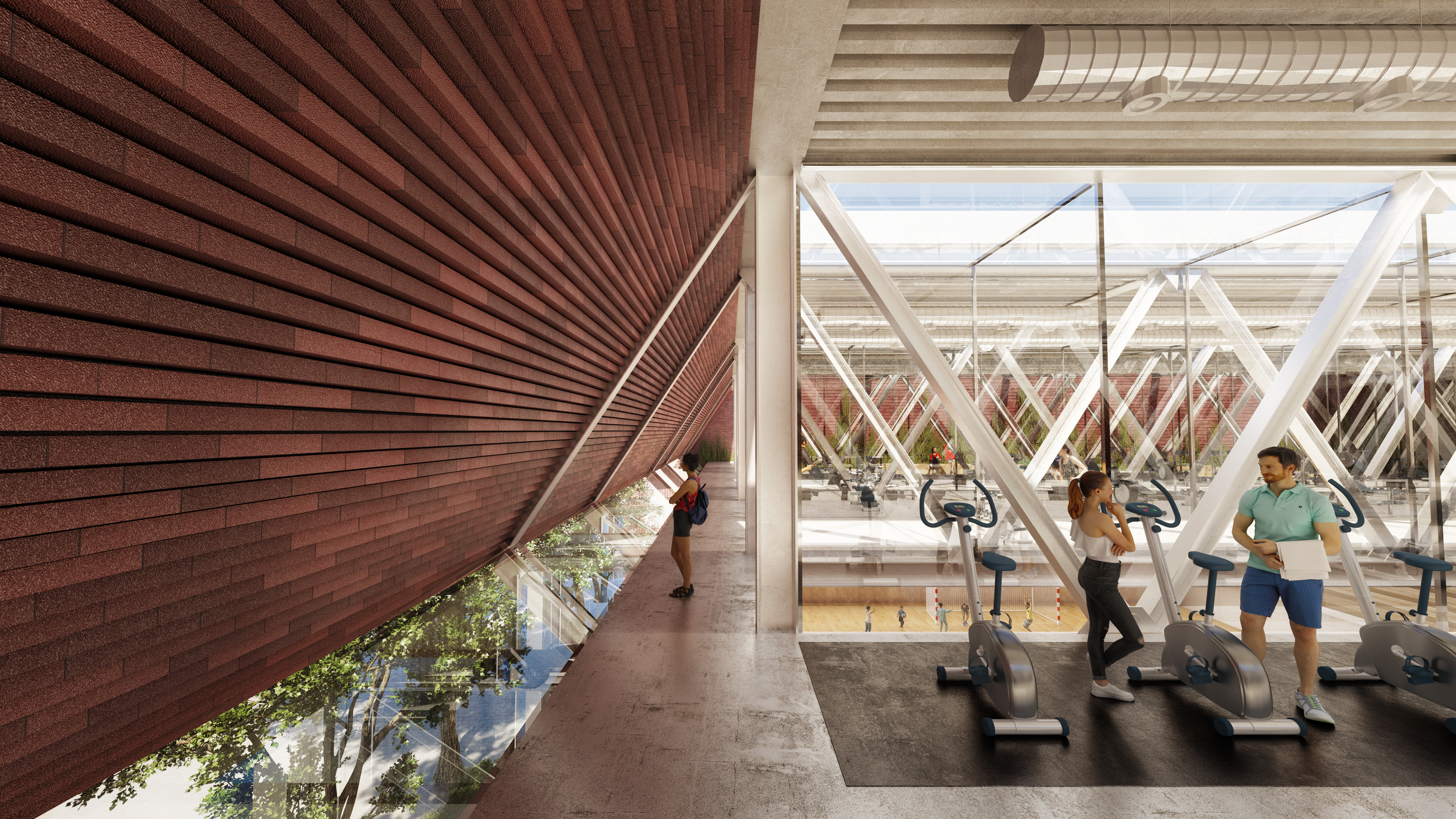 A sports centre with a slanted ceiling