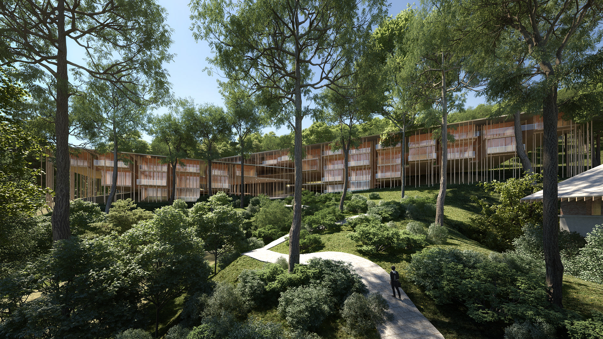 A hotel sitting in a forest