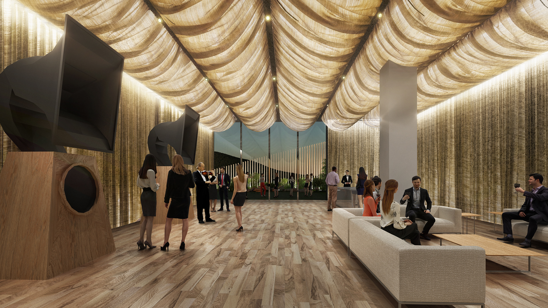 A rooftop hall exhibits sound products