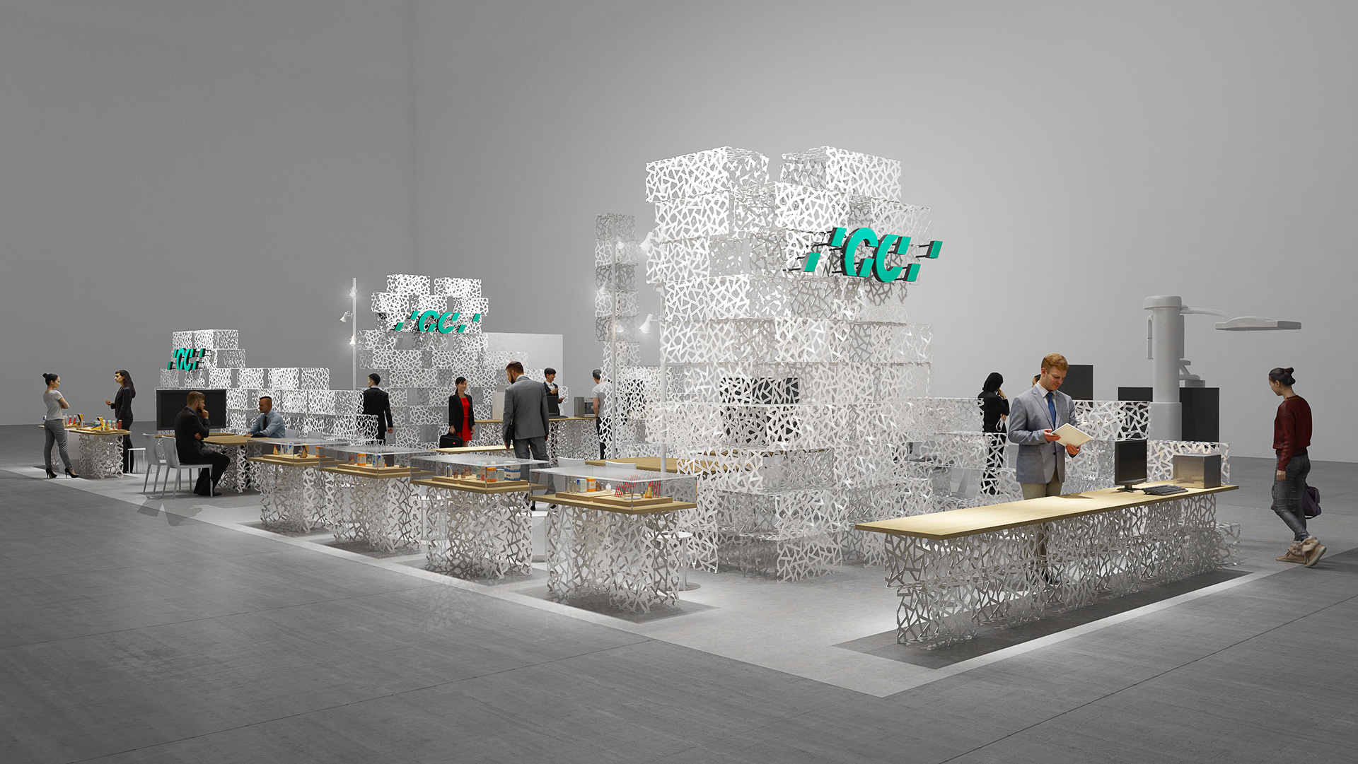 An exhibition installation assembled with fabricated white boxes