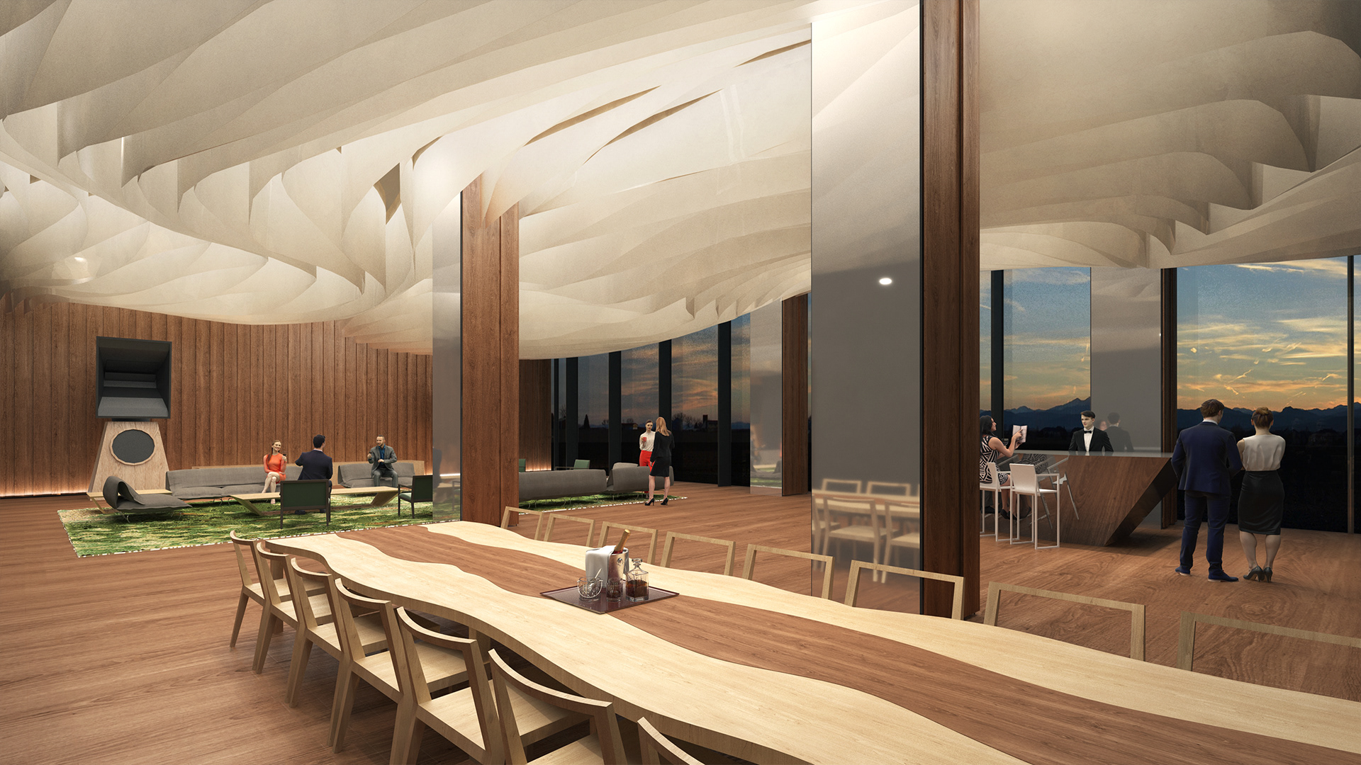 An illuminating ceiling made with washi lights up the restaurant