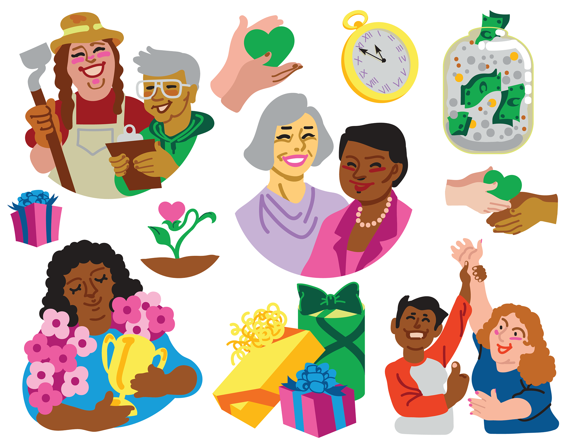 Collage image of several spot illustrations in a friendly, brightly-colored style, depicting a diverse group of female characters with themes of pride, service, and giving.