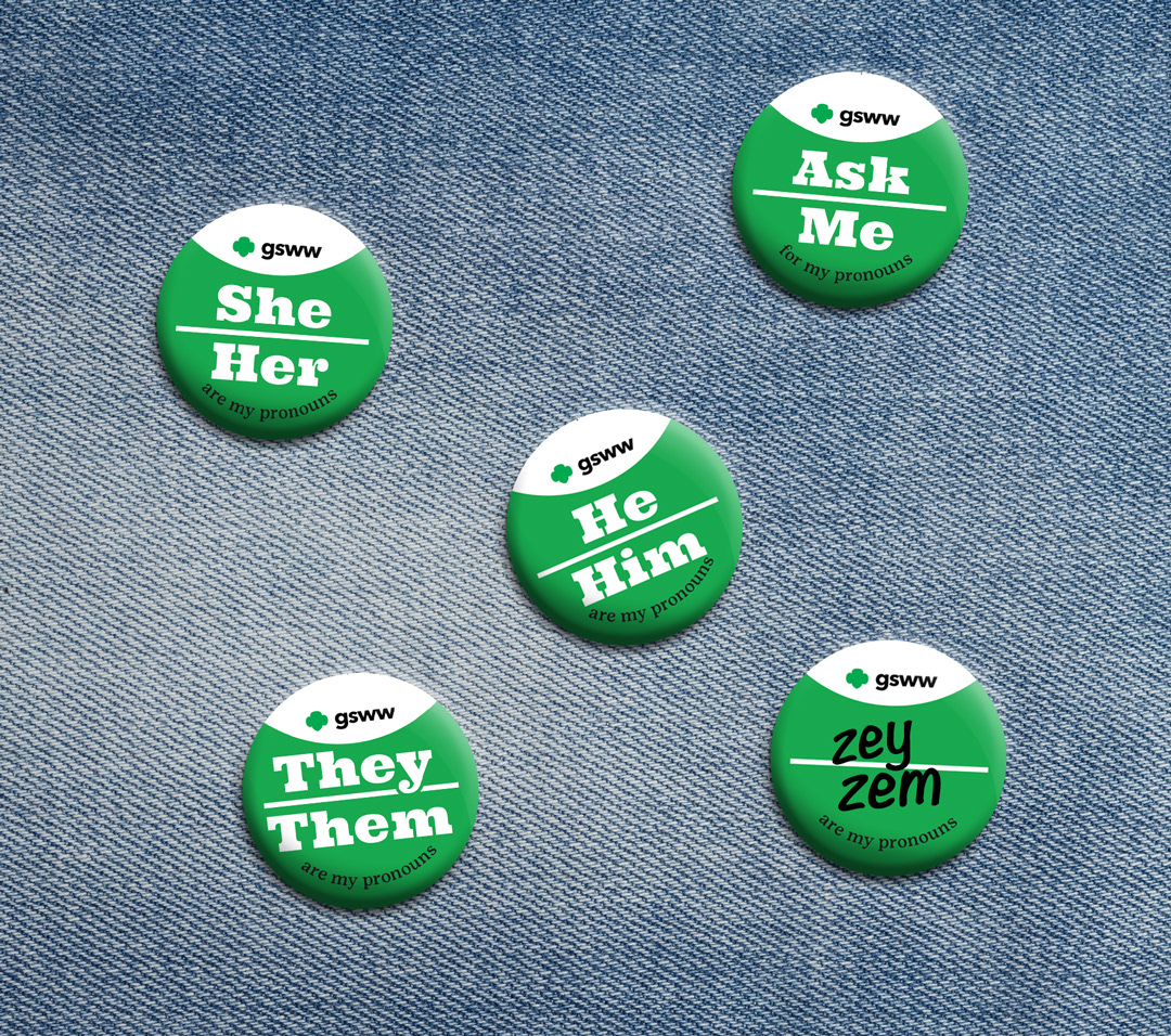 Mockup image showing 5 pin buttons with large friendly text such as she/her and they/them on a bright green background.