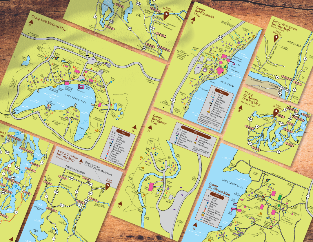 Mockup image showing maps of and to Girl Scouts properties.